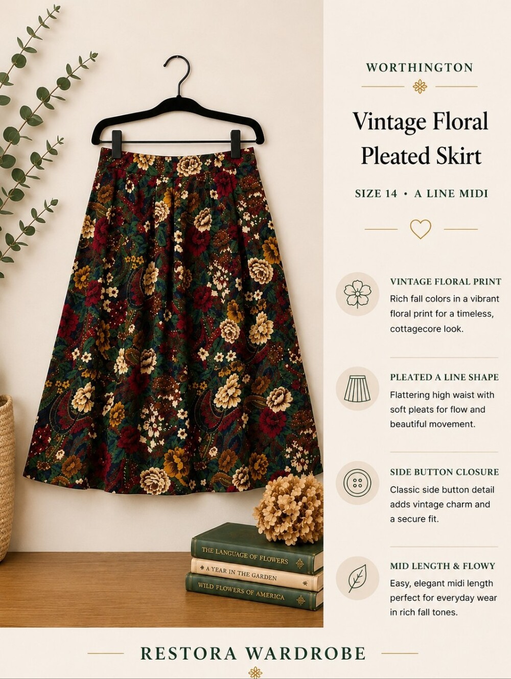 Vintage Worthington Dark Floral Pleated Midi Skirt Romantic Boho Size 14